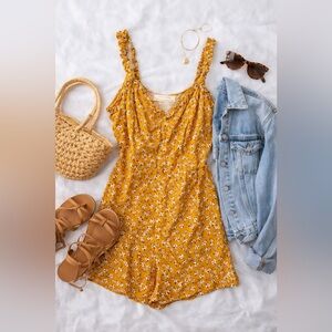 Urban Outfitters Mustard Floral Romper Ruffle Strap Button Front Cottagecore M